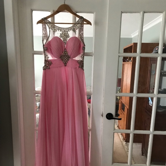 Pink chiffon open back crystal prom dress - Picture 5 of 8